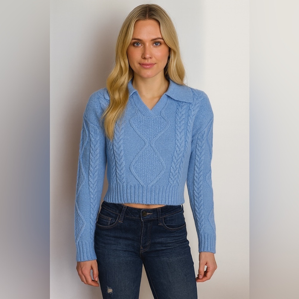 NWT TWIK - Sky Blue Cable-Knit Sweater. Cropped. Collar. Small